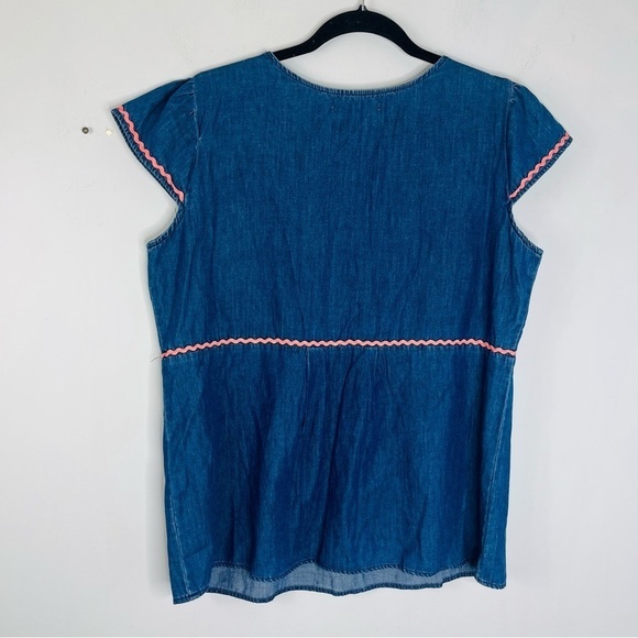 Angel + Premium Size Large Rick Rack Trim Embroidered Denim Chambray Blouse - Picture 5 of 6